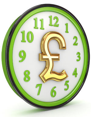 A gold pound sign in the middle of a clock face