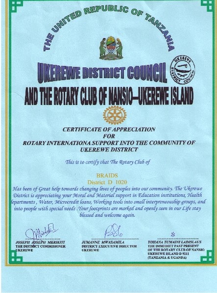 Certificate of Appreciation for Ukerewe Projects