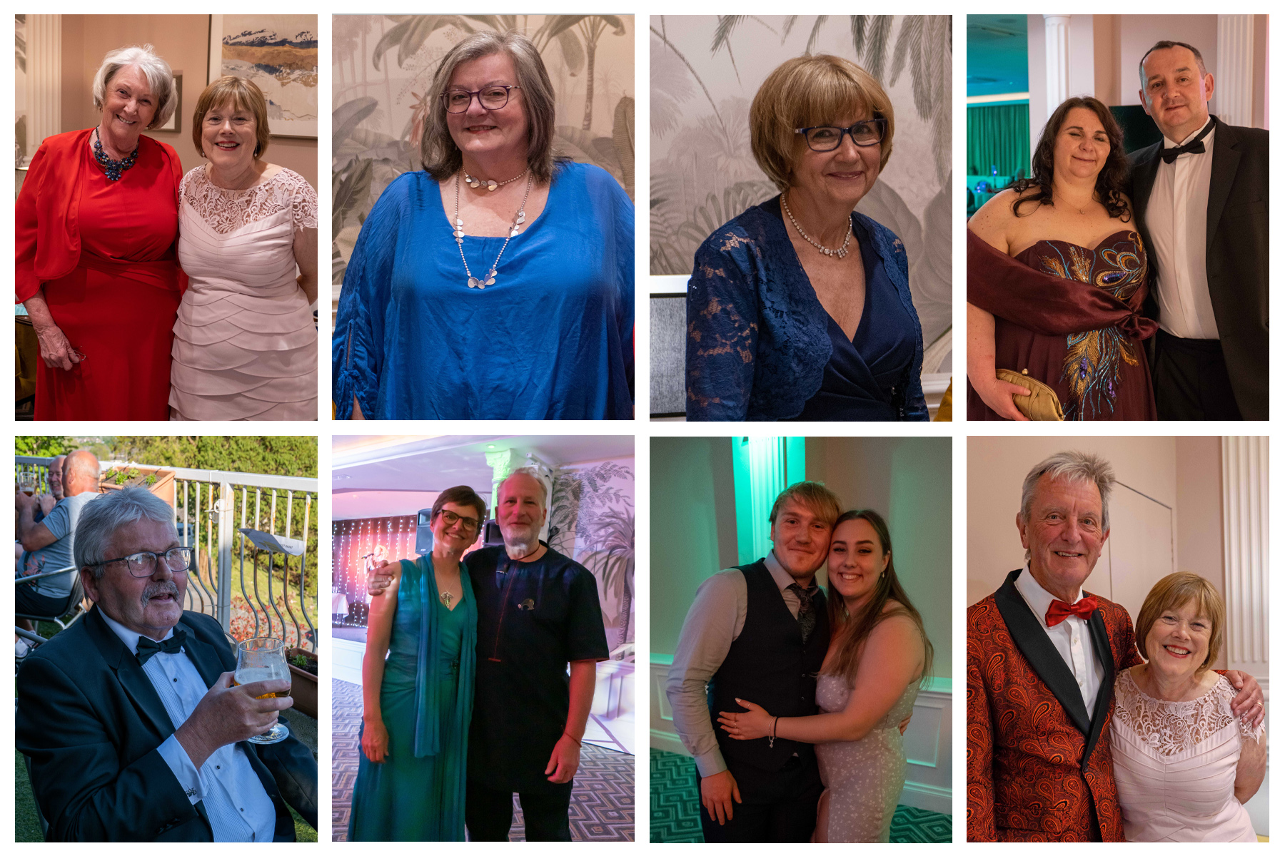 Several photos of ball-goers dressed in their finest gowns and suits