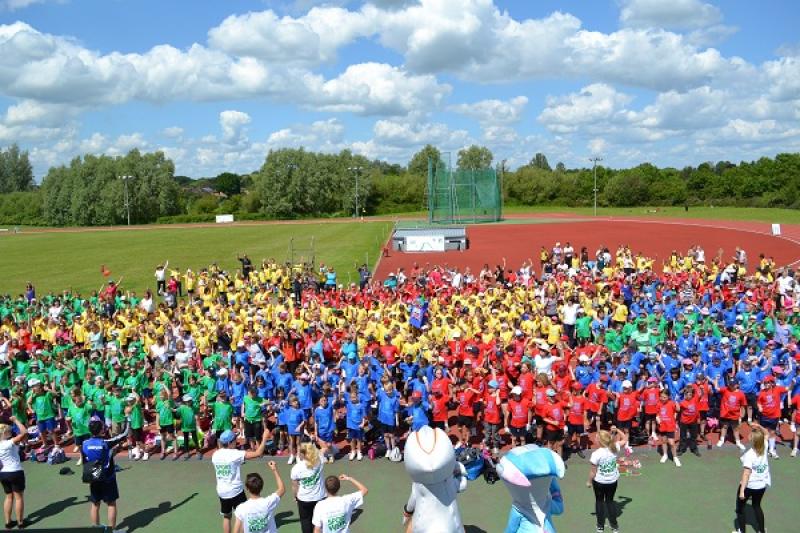 Jun 2012 Mini Olympics - run by the South Cambridgeshire Schools Partnership, at Wilbeforce Road CB3 0EQ - 1. Massed teams with mascots