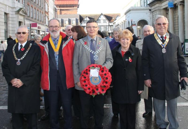 Remembrance Sunday - The Rotary delegation at the Remembrance Parade in Colchester led by President Ernie Free, Colchester, Vice President Martin Sulley, Colchester Centurion, DG Stan Keller, Sheila Keller and President Peter Hill, Colchester Forum