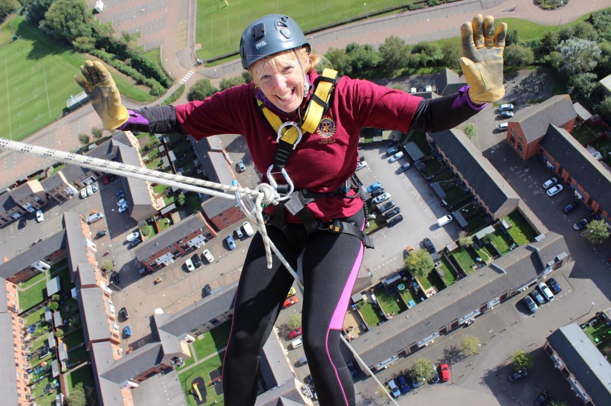 Abseil the Express Lift Tower 2019 - Sarah jumps off and lets go. 