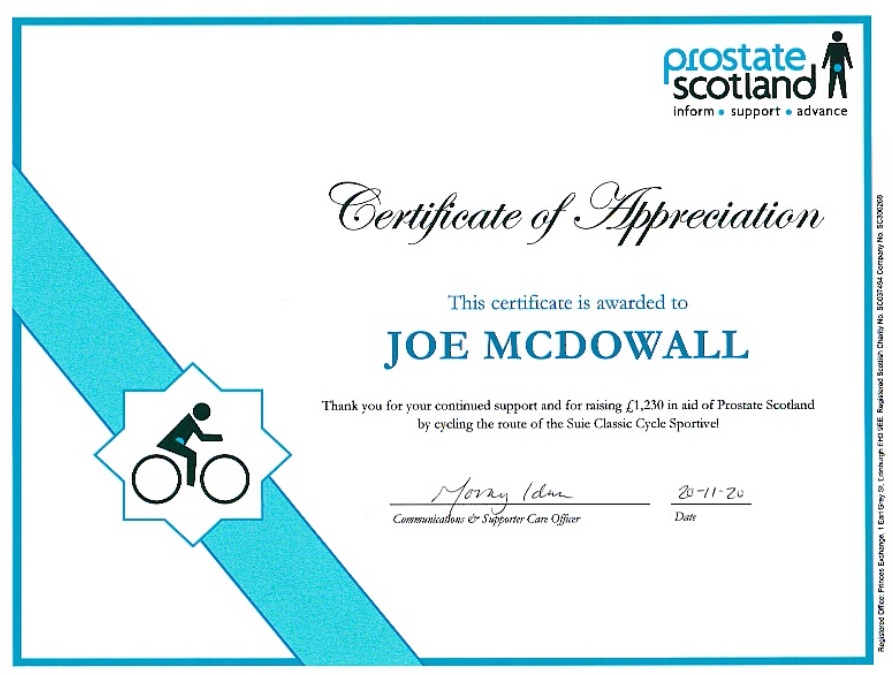 Rotary Bike Ride - Thanks from Prostate Scotland for fundraising by Joe McDowall.