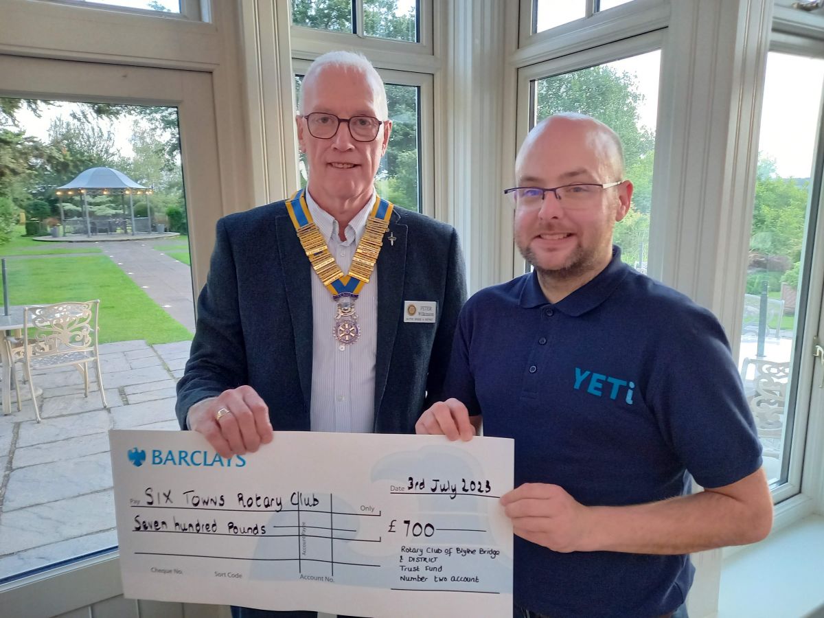 2023 - End of One & The Start of a New Rotary Year  - President Peter gives a cheque to President Peter from Six Towns Rotary club for the joint project.