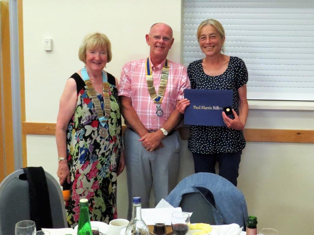 Presidents Evening 29th June 2019 - Allison receiving her Paul Harris Fellowship from District Governor Joan and President Phil