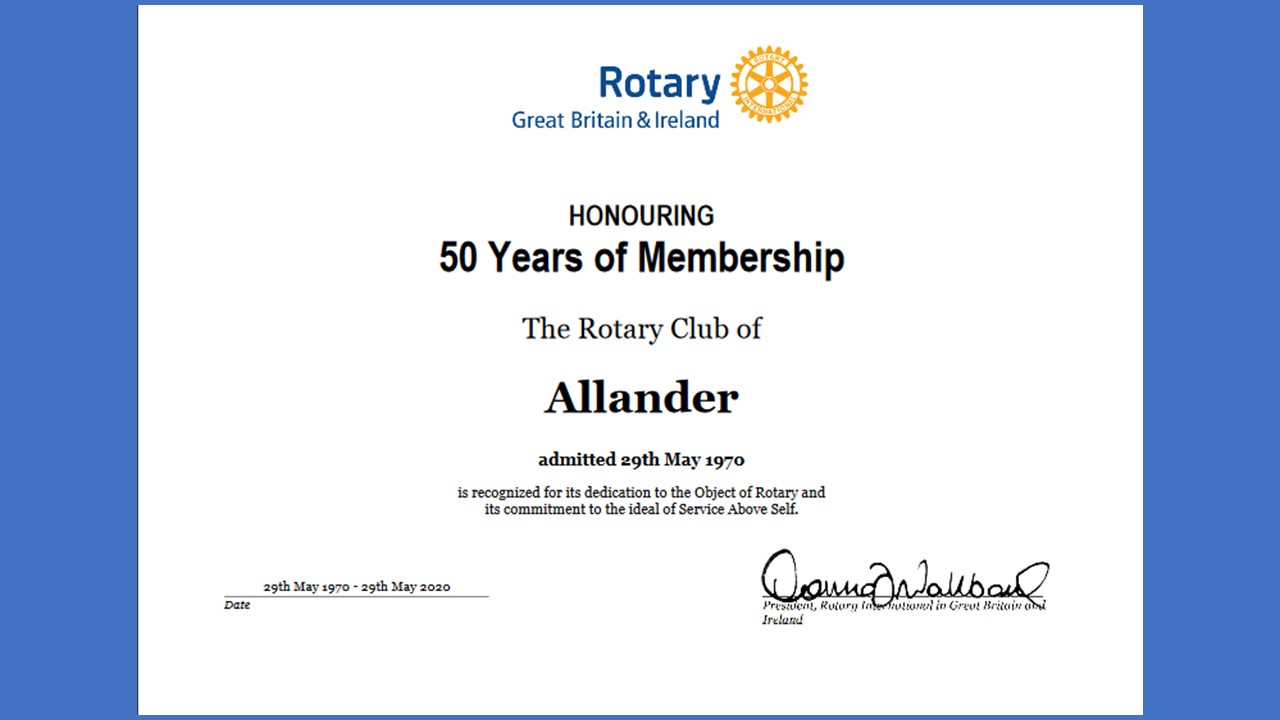 50 Years of Allander Rotary - 50 year certificate