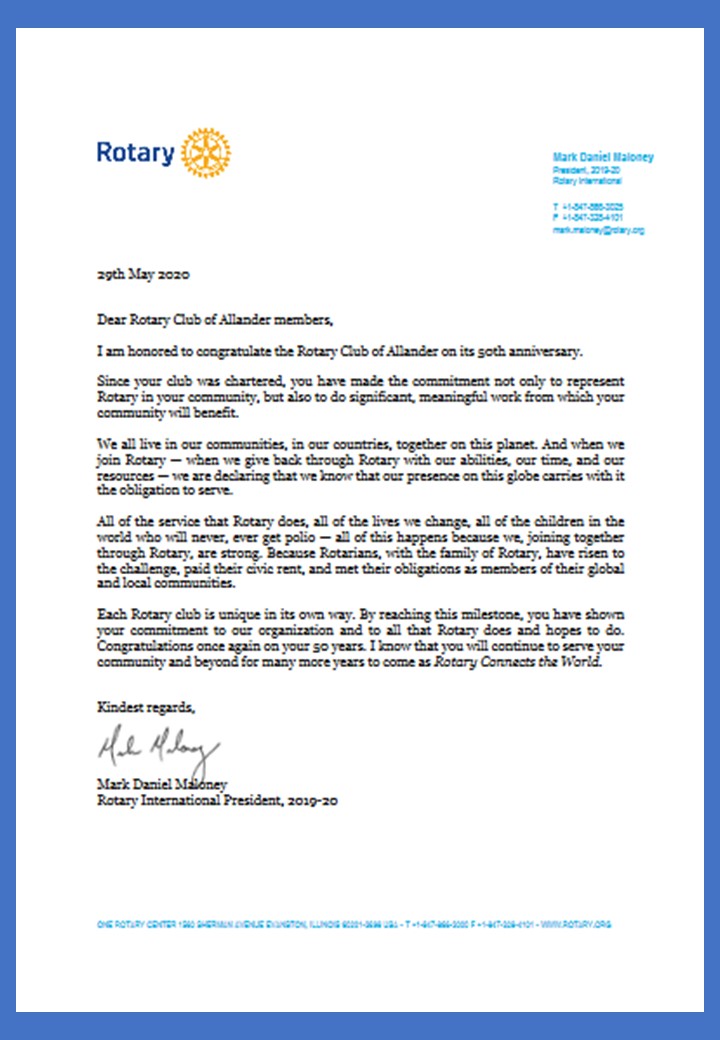 50 Years of Allander Rotary - 50 year letter