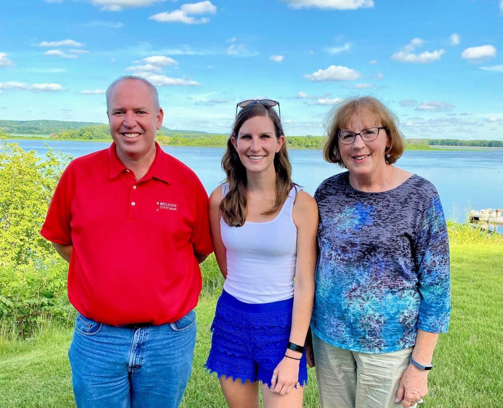 BECCA DRAUS, OUR 2020-21 ROTARY SCHOLAR - Becca on an informal outing with Linda and Rick: two members of her Sponsor Club in Iowa.