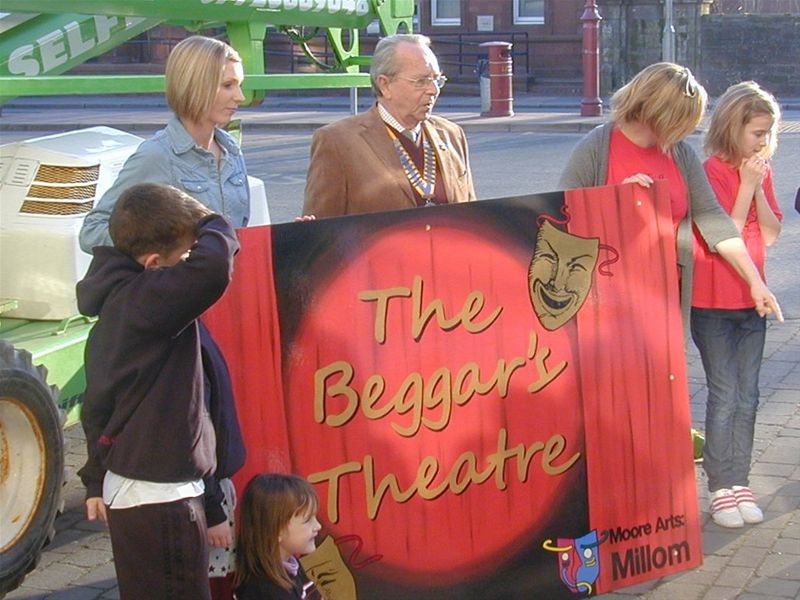 Beggar's Theatre - President Frank presents the new sign for the Beggar's Theatre