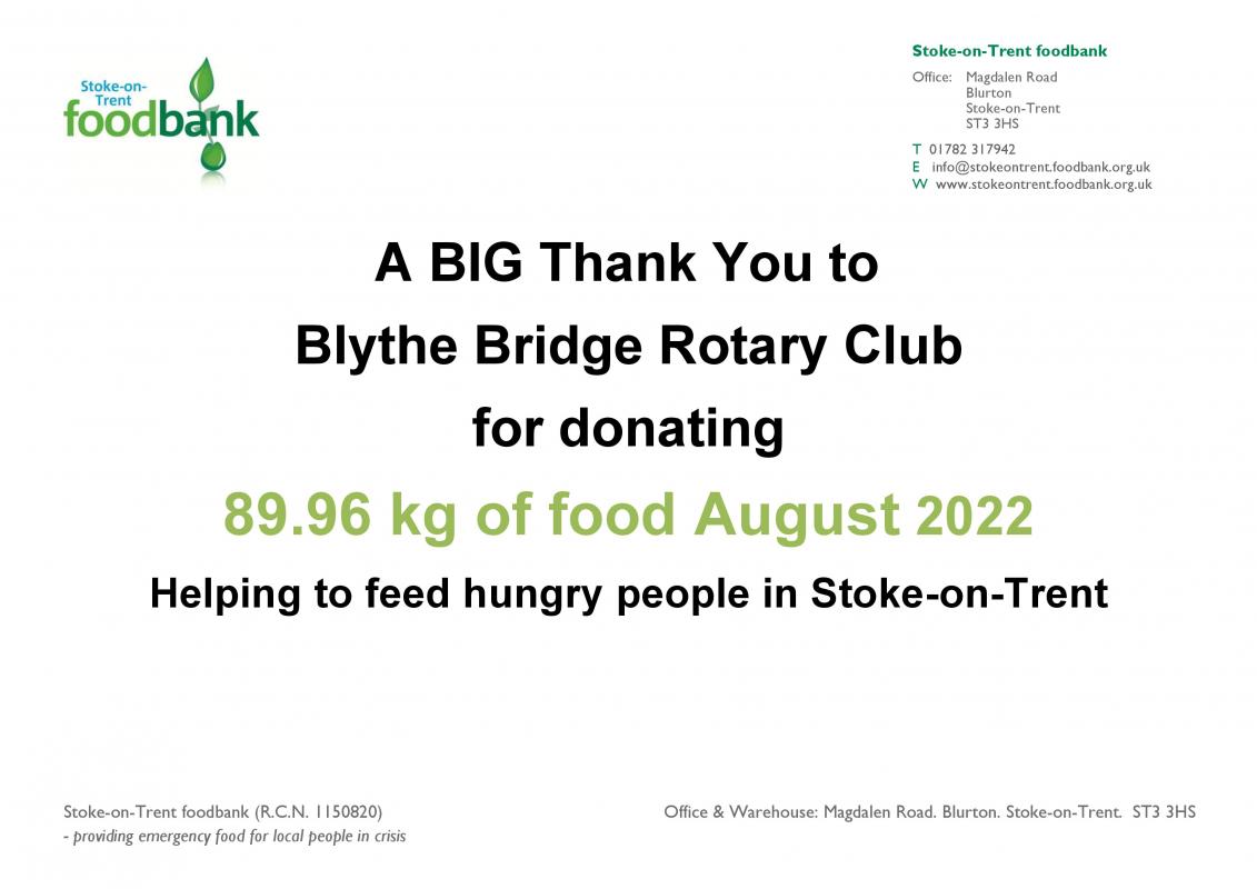 2021,2022,2023,2024 - Our ongoing Food Bank Donations - Thanks You August 2022