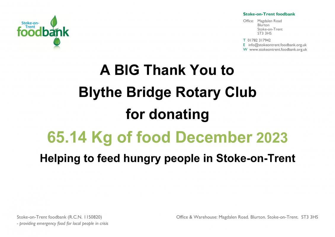 2021,2022,2023,2024 - Our ongoing Food Bank Donations - Thank you for your December 2023 Donations.