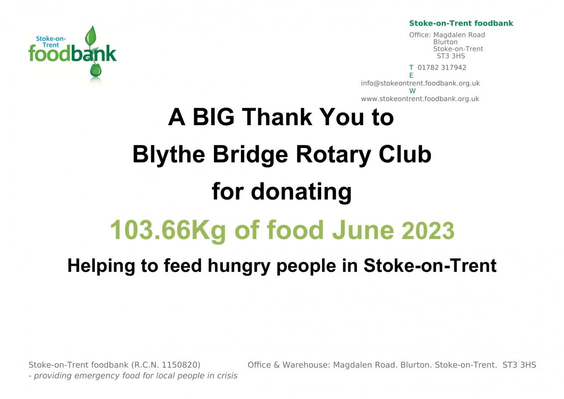 2021,2022,2023,2024 - Our ongoing Food Bank Donations - Thank You For June 2023.Donations.