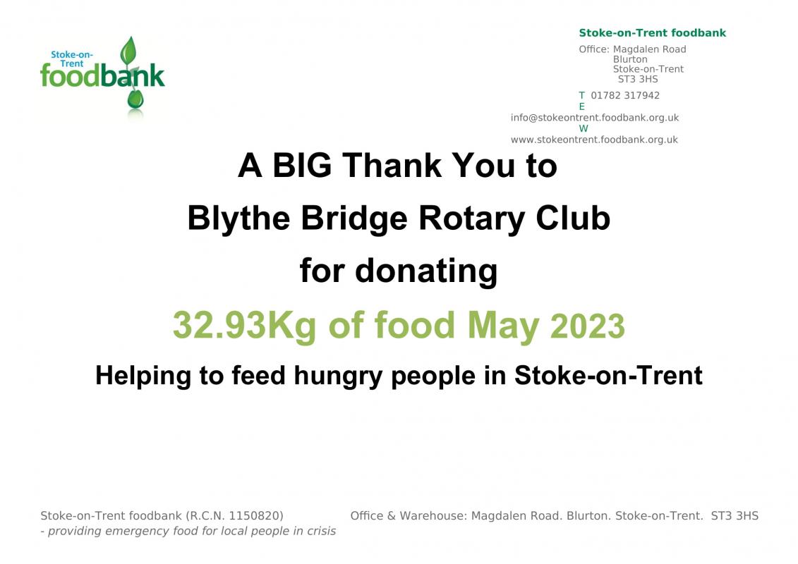 2021,2022,2023,2024 - Our ongoing Food Bank Donations - Thank You for May 2023 Donations.