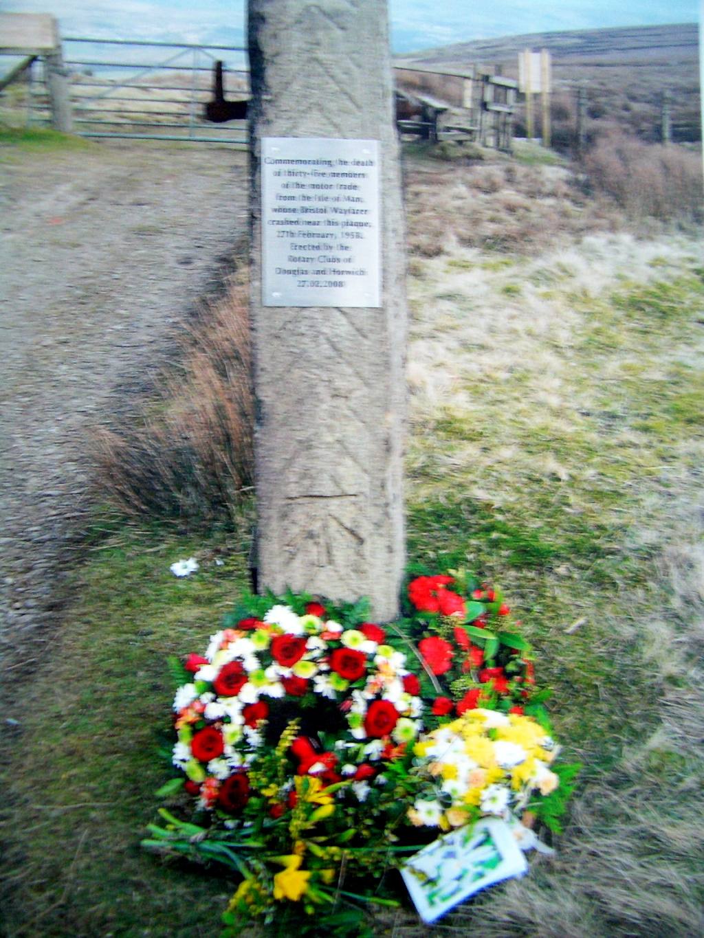 Horwich Charter Night 2008 - Flowers laid at base of pillar with plaque commemorating the 50th Anniversary of Winter Hill 25/2/08