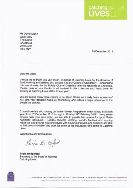 Xmas Food and Clothing Collections - Catching Lives thank you letter