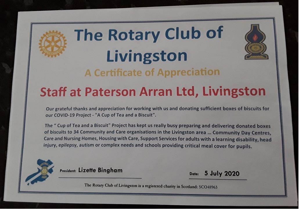 COVID-19 - Donation of Biscuits - Certificate of Appreciation to Paterson Arran Ltd