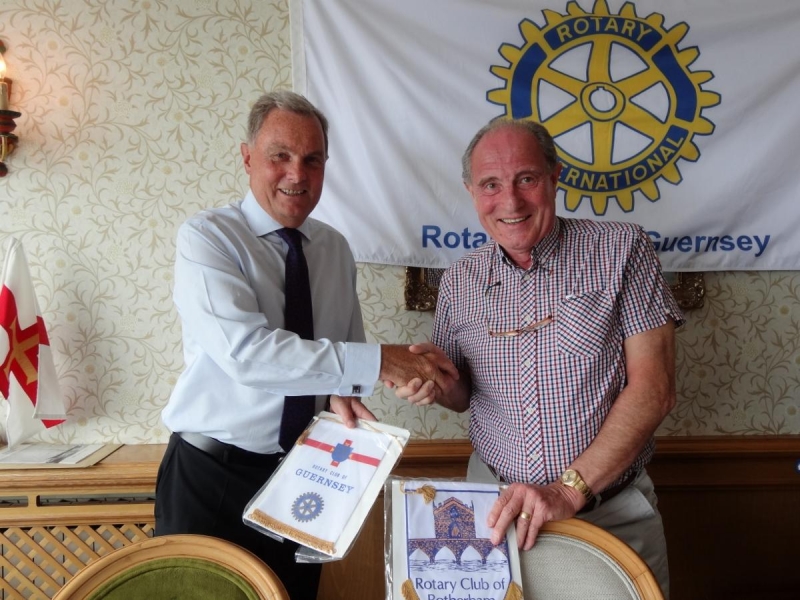 Visit of the Rotary Clubs of Chard, Rotherham, Tulln, & Dingolfing-Landau (20 July 2016) - President Brian Acton exchanging pennants with John Box, President Rotary Club of Rotherham, South Yorkshire