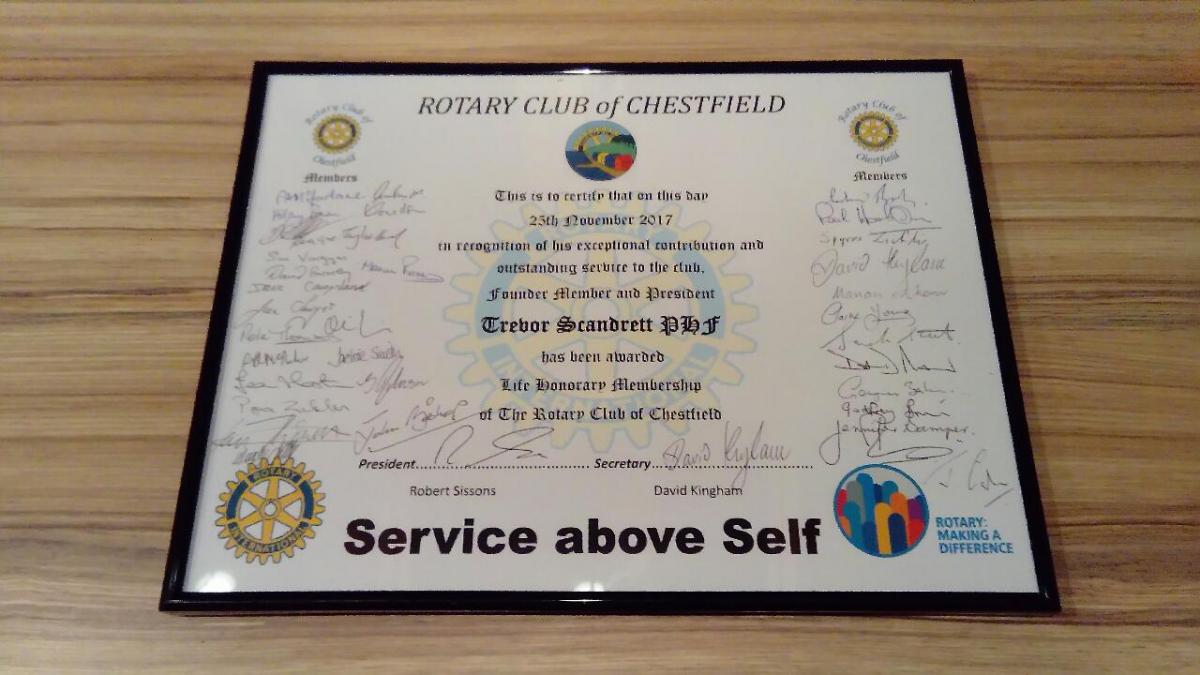 Trevor Scandrett made Life Honorary Member of Rotary Club of Chestfield - 