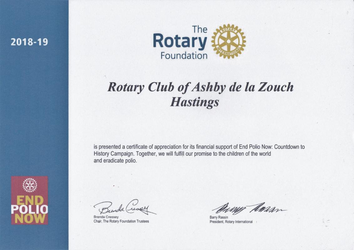 Donating to the Rotary Foundation - Awarded to all clubs donating at least $1500 to End Polio Now