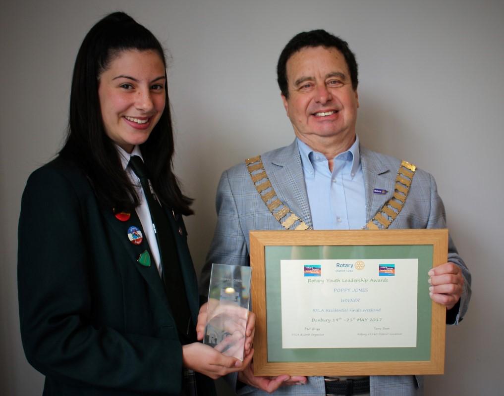 Rotary Youth Leadership Award (RYLA) - being presented with Overall winners Trophy and Certificate by District Governor Terry Dean