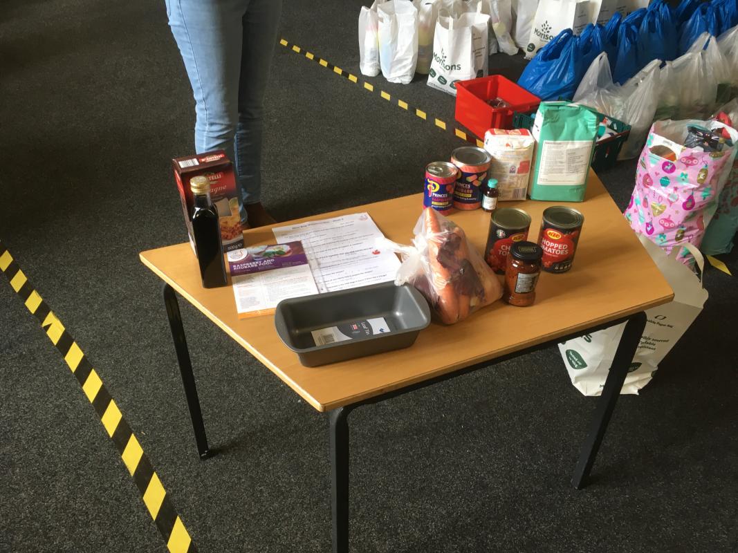 Rushden Food Bank - Occasionally, menu packs are given out which include all the ingredients to enable the client to cook a full meal from scratch - including the baking tin!