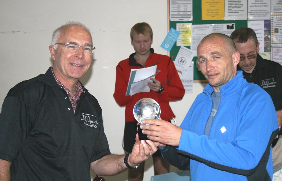 Buxton Rotary Windgather Fell Race 2008 - President Ian Saunders presents Andy Pead, winner of Windgather 2008 and 2008 Goyt Valley Series, with the Windgather 2008 Trophy