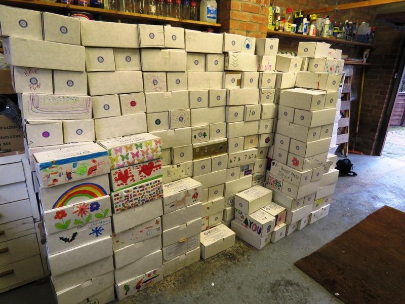 Falkland School Shoebox Collection   - stacked in Hemant's garage and ready for collection