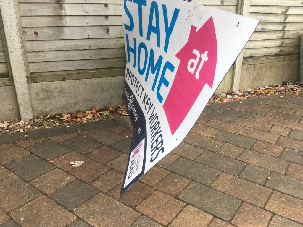 Vandalised Stay at Home sign recovered - Damaged sign