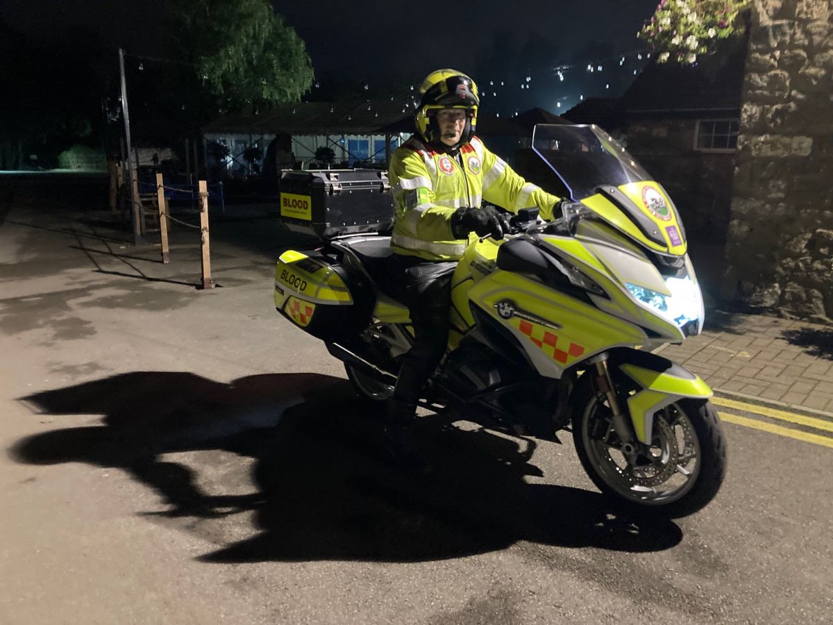 Blood Bikers - A Biker arriving for the meeting 