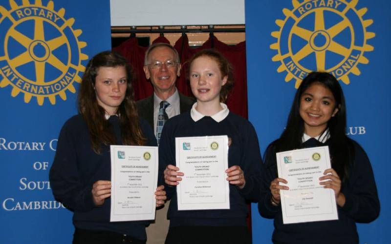 Nov 2012 Rotary Youth Speaks Public Speaking Competition hosted by St Bedes 4.15-7pm - St Bedes 1 winners with President Mike