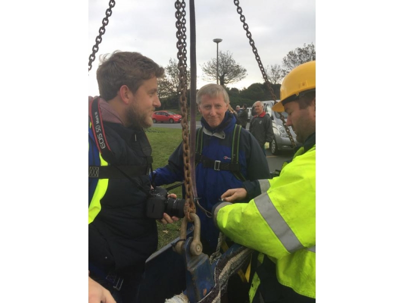 Children's Tree of Joy Switch On (1 December 2016) - Tree of Joy Build - His Excellency the Lieutenant - Governor Vice Admiral Sir Ian Fergus Corder KBE CB being strapped in.