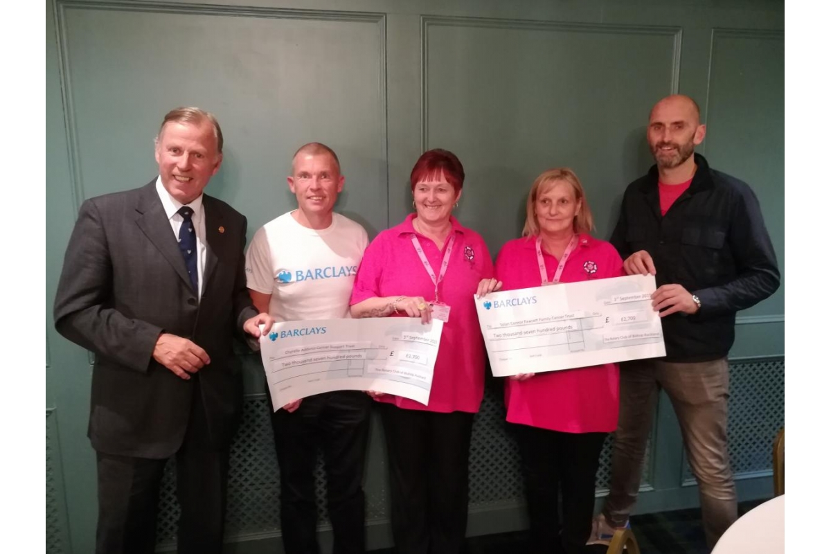 Bishop Auckland Rotary Club Eleventh Annual Golf Day 2019 raise £5400 for local charities! - Rotarian Bill Robson (Immediate Past President) , Michael Poole (from Barclays) , Trish Greensmith & Allison Danby (from The Chyrelle Adams Cancer Trust) and Mark Solan (from The Solan Connor Fawcett Family Trust)