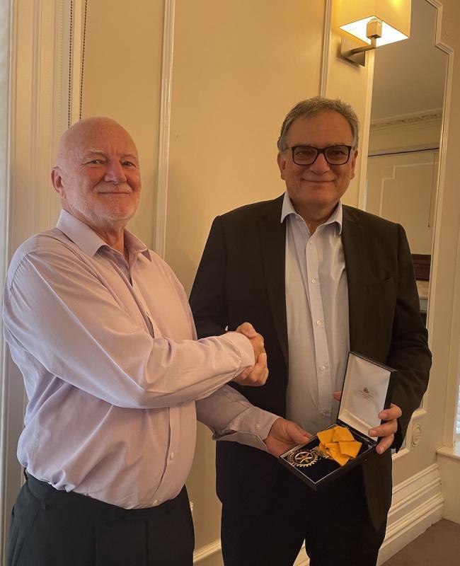 Club News 2022 - 2023 President Stav Melides - President Stav presents Ted Hands with the President Elect medal