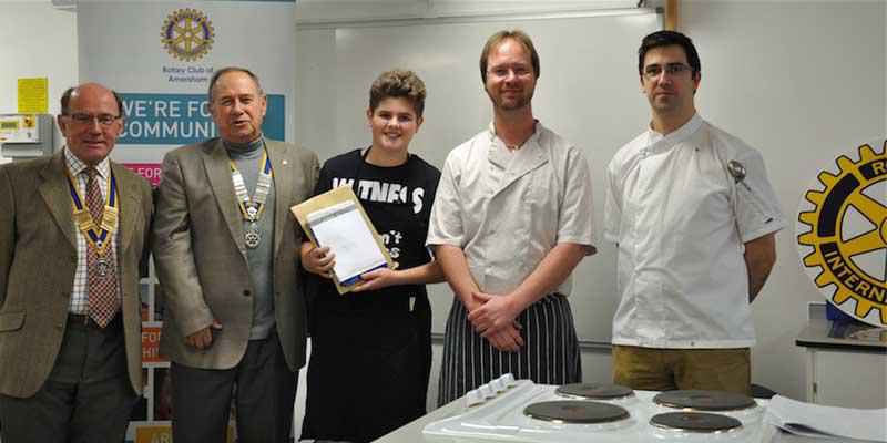 18 January 2014 - local students cook up a storm in Rotary Young Chef Competition - Winner Josh Davis (centre) with, L to R, Amersham Rotary Club President Roger Wyborn, Chesham Rotary Club President Peter Squire, Adam Whitlock of Gilbey's Restaurant, and Ashley Schnadhorst.