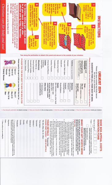 Shoe Box Collections - 1st November 2014 - Rear of leaflet showing items / age range selected