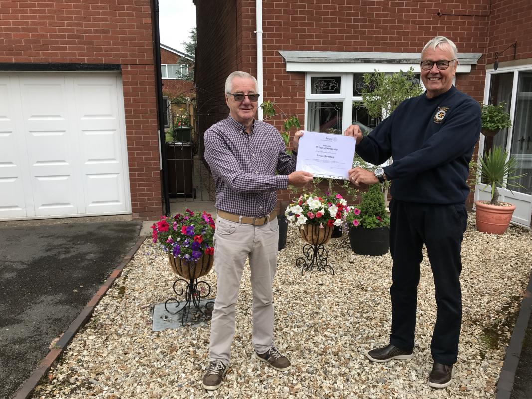 Member Awards & Presentations - On the 26th June, 2021 President Peter presented club member Bruce with his award in recognition of 25 years service to Rotary.