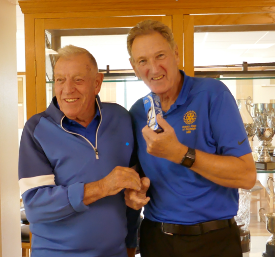 Occasional golfer Bob defies the odds to win the Paul Wellman Trophy - Event organiser, Dave Jarvis, presents John Fairweather with the prize for the Longest Drive.