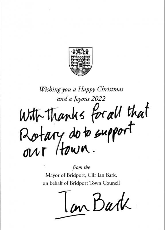 Christmas greetings from the mayor of Bridport - Thank you to Rotary from Ian Bark