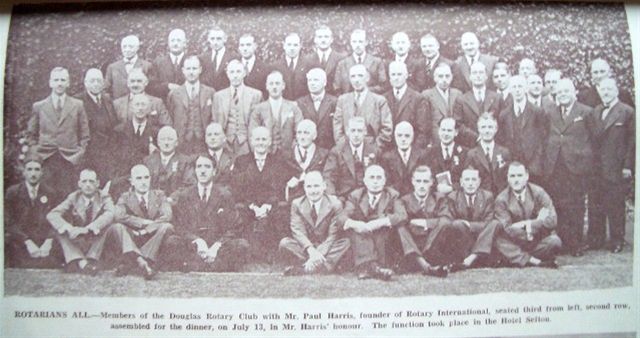 Vintage Pictures of Rotary Events - Members of the Rotary Club of Douglas with the Founder of Rotary International Mr Paul Harris (seated third from left, second row) at a dinner in his honour at the Sefton Hotel on 13 July 1937.