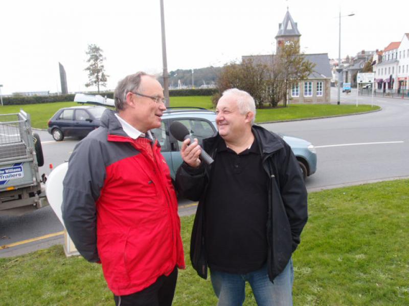 Tree of Joy (December 2013) - Sun Nov 17th 2013 - The Bailiff, Richard Collas, being interviewed by John Randall of BBC Guernsey prior to adding the Star on top of the Tree of Joy.