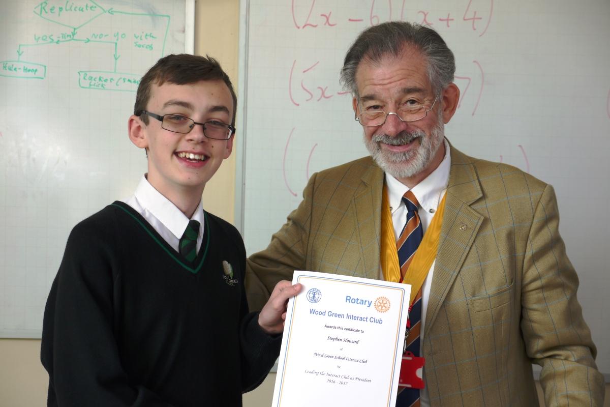 Wood Green School Interact Club - Past Interact President Stephen Howard received his Certificate of Office