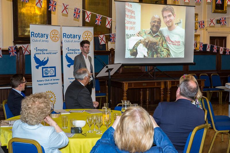 Jersey a Rotary Peace Community - Luke explains how he joined the PeaceJam movement and what its aims are. He is seen here with Nobel Peace Laureate Archbishop Desmond Tutu at a PeaceJam conference in Monaco in 2014.