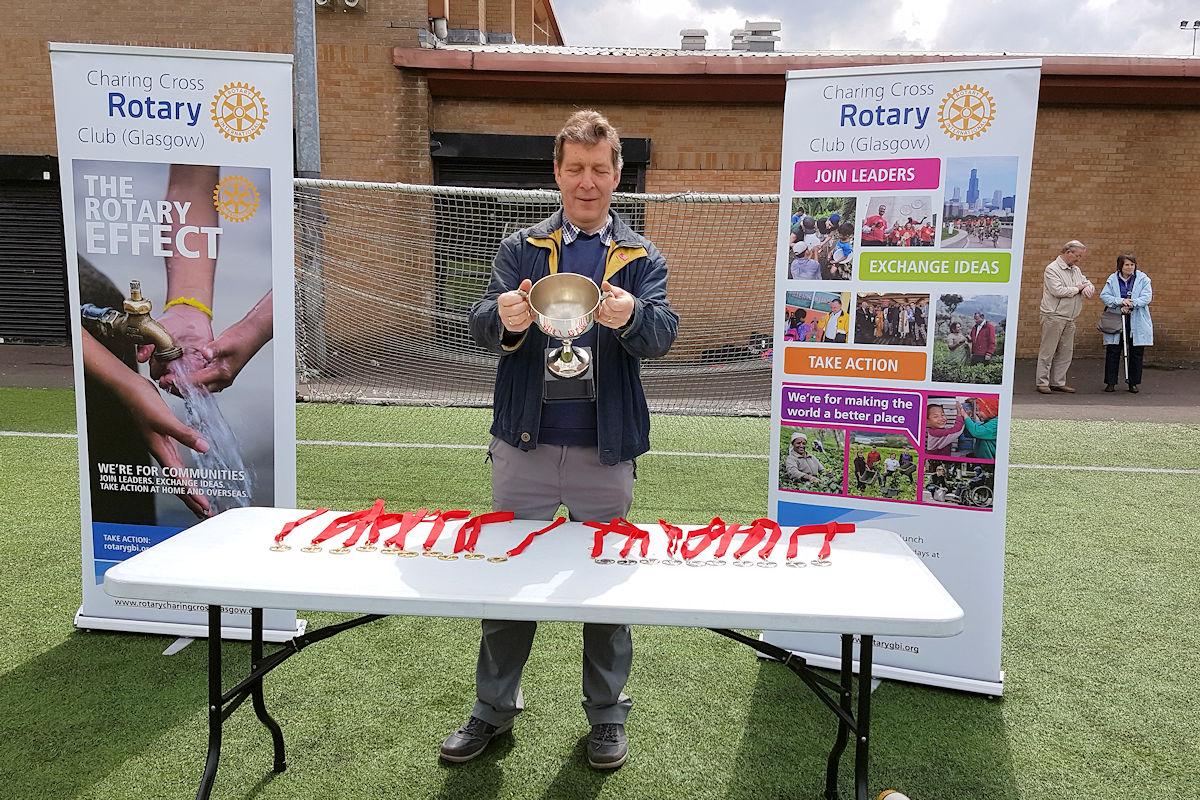 ANTONINE WIN 2019 PRIMARY SCHOOLS FOOTBALL CUP - President Trevor Graham inspecting the Cup before presenting it, and the medals, to the winners.