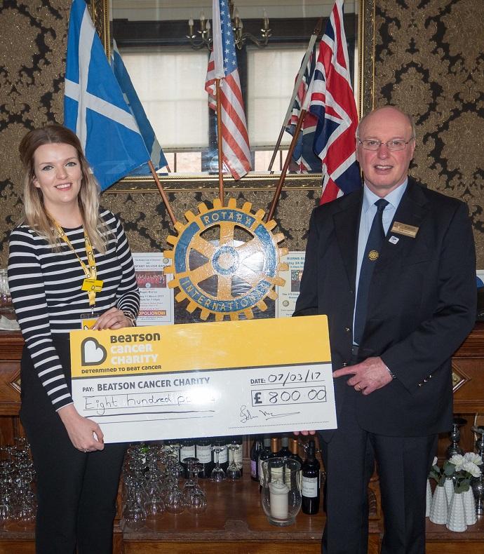 Comm/Voc Committee - President Elect Ron Gray presents a cheque to Jen Lindsay, Fundraiser for the Beatson Cancer Charity. 