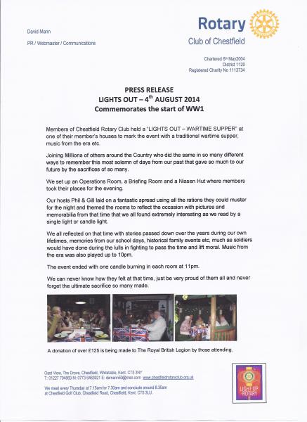 National Lights Out Event to Commemorate start of WW1 - Post Event Press Release