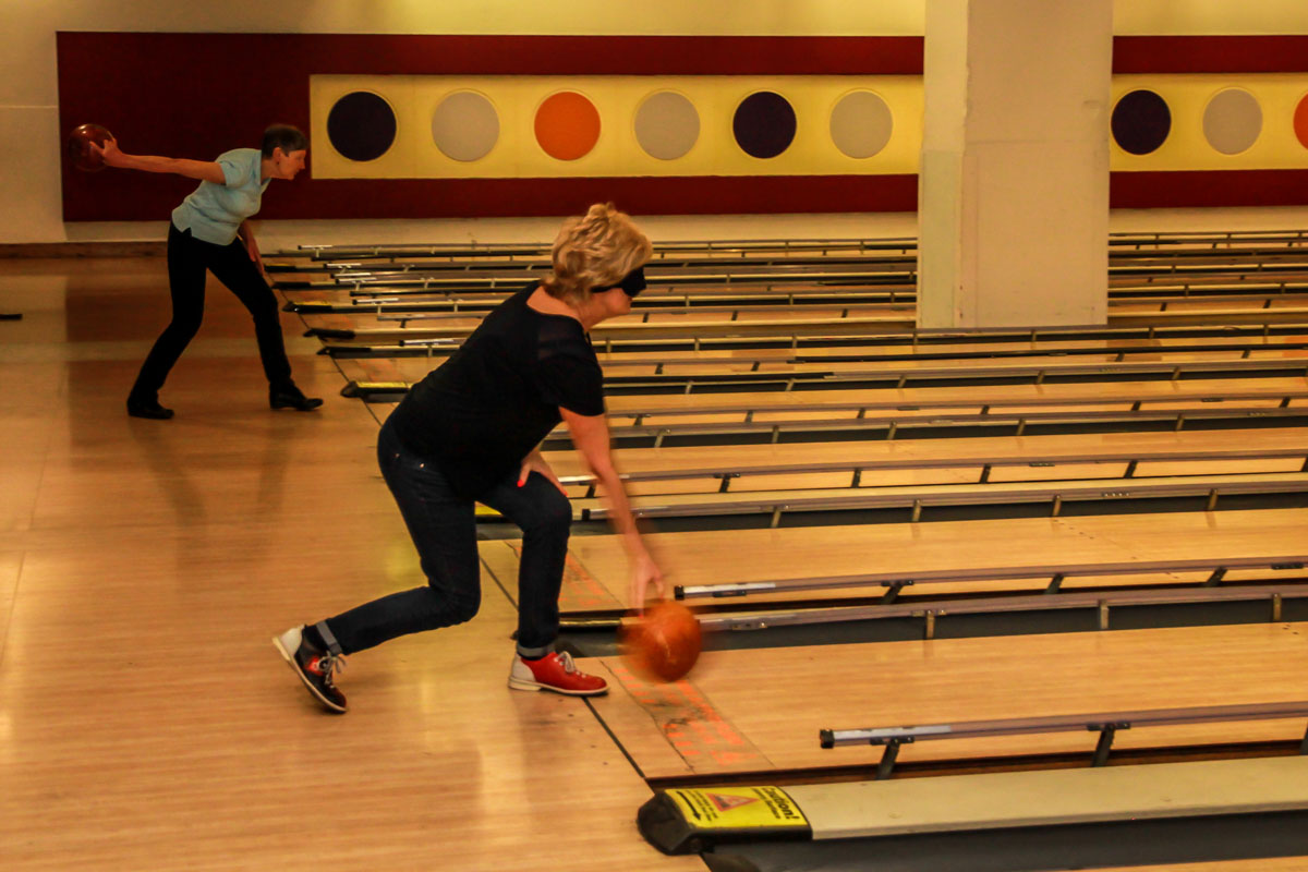 Blindfold Bowling - The President tries her hand at it.