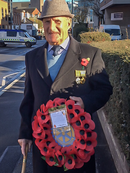Remembrance Sunday - Reg Shepherd and the wreath.