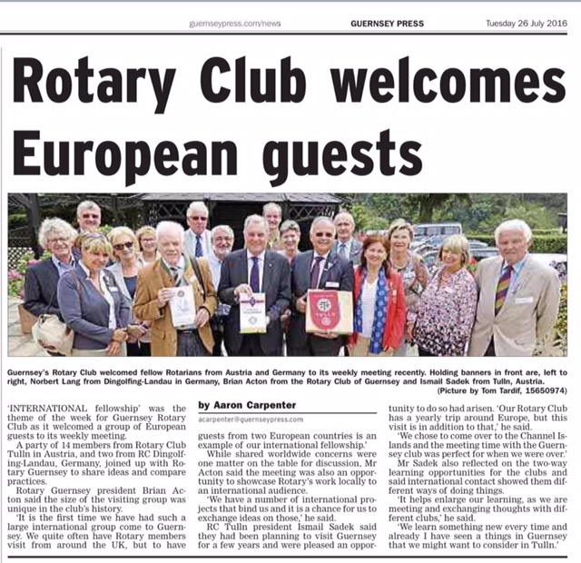 Visit of the Rotary Clubs of Chard, Rotherham, Tulln, & Dingolfing-Landau (20 July 2016) - Guernsey Press 26.06.16