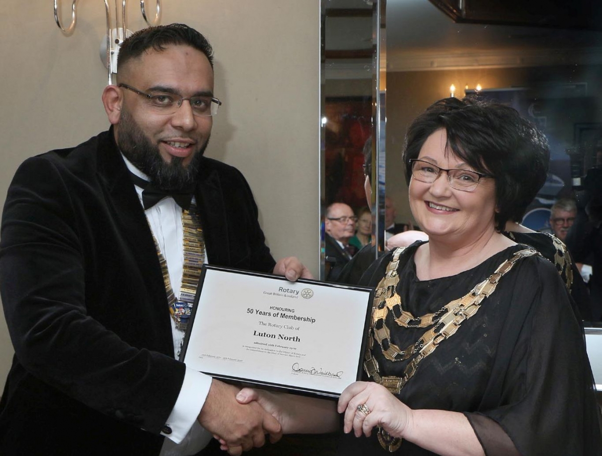 Luton North Rotary Club 50th Anniversary  - Raj Donna Certificate