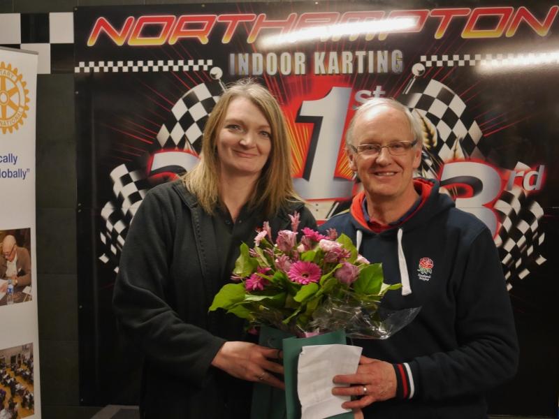 RoKart 2016 - Our organiser, Neil Hufton presents a bouquet to Caroline Douce, key contact at the Indoor Karting Centre